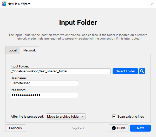 Task Wizard — Input Folder page, Network tab with path, username and password