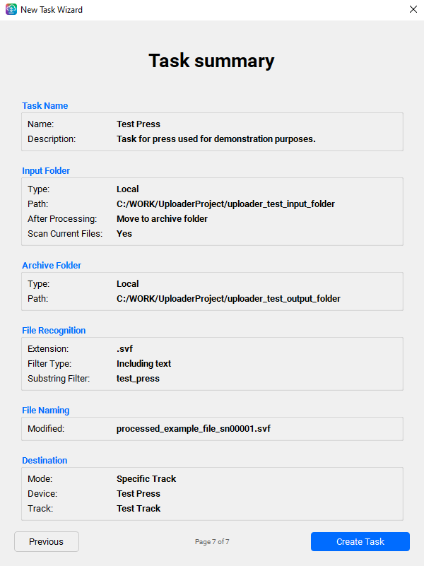 Task Wizard — Task summary page with grouped settings and a Create Task button